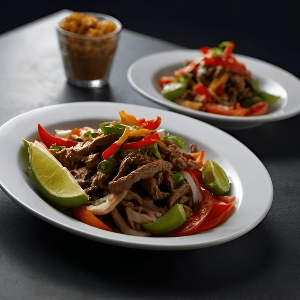Two plates of beef fajitas with colorful bell peppers, onions, and lime wedges, with a side of rice.