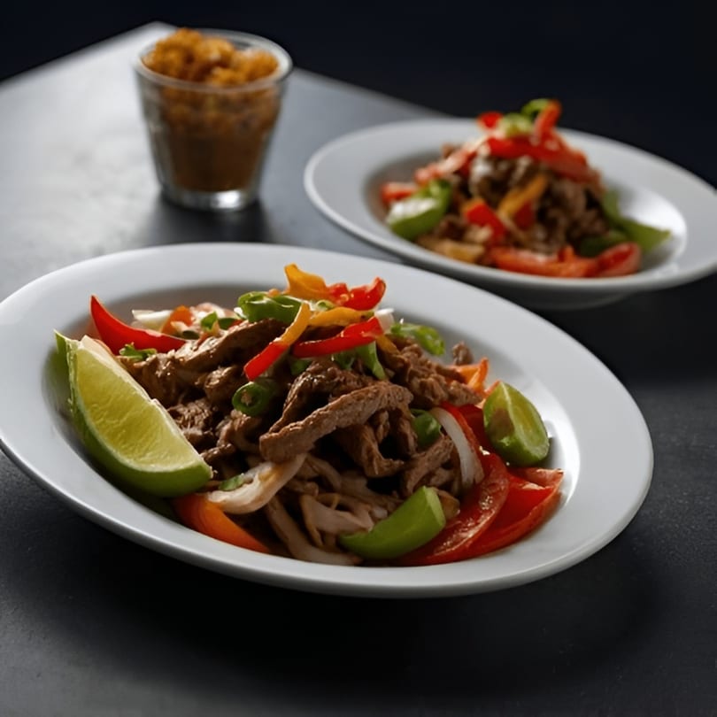 Two plates of beef fajitas with colorful bell peppers, onions, and lime wedges, with a side of rice.