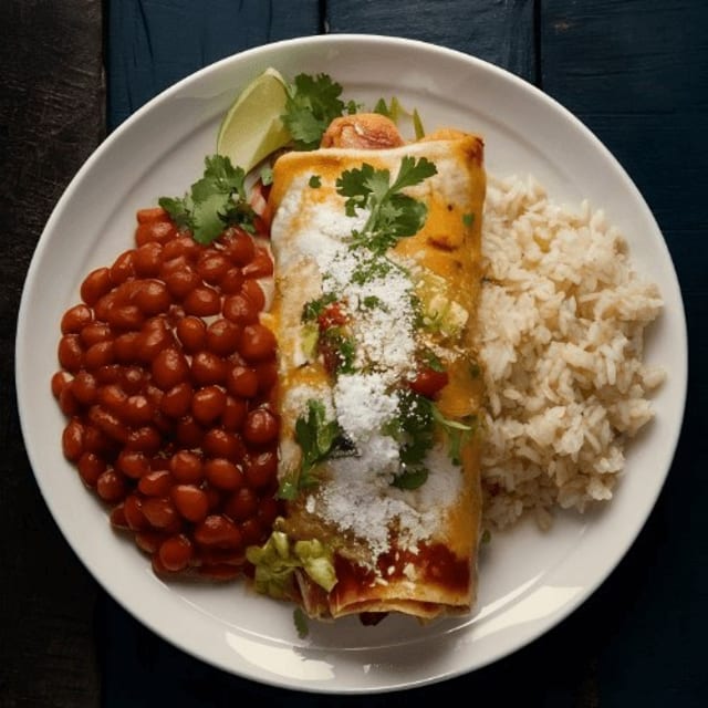 Kids' Cheese Enchilada with Rice and Beans.